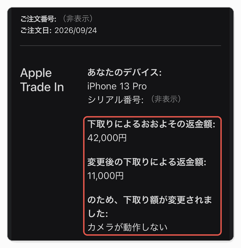 Appleから届いた下取り額の変更メール（42,000円から11,000円）