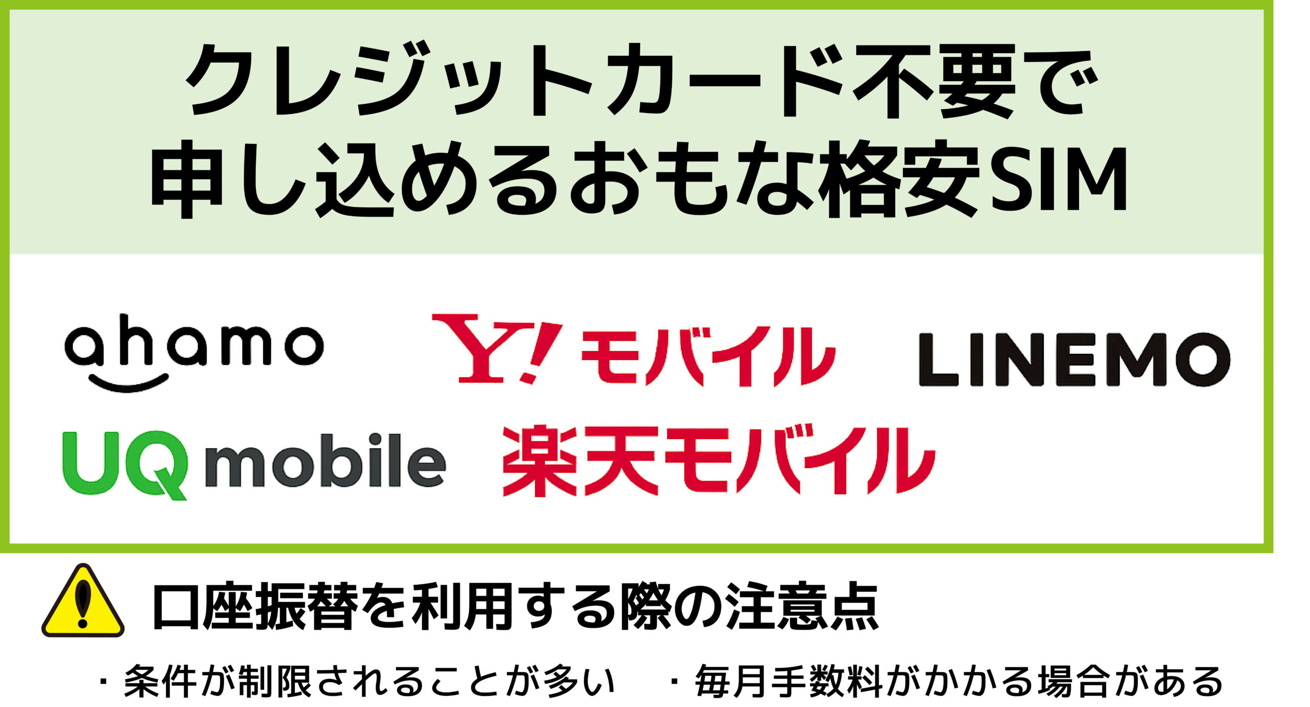 クレジットカードなしでも申し込める格安SIMブランドの一覧。ahamo、UQモバイル、楽天モバイルなどが掲載されている。