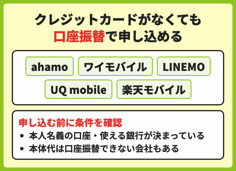 ahamo・ワイモバイル・LINEMO・UQ mobile・楽天モバイルは口座振替でも申し込めることと、その条件をまとめた図解
